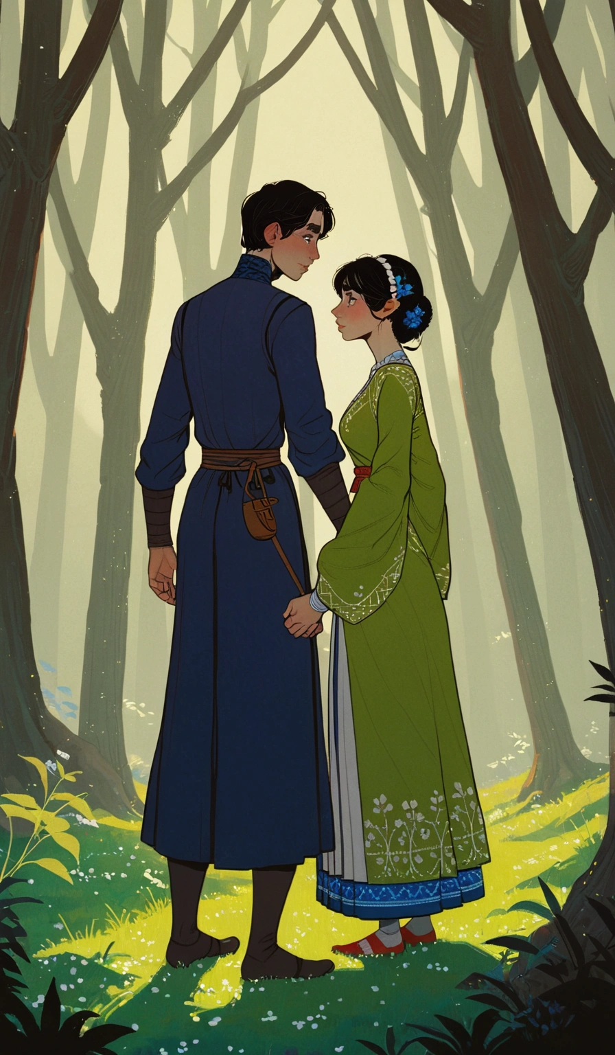 2D ART, hyper detailed gouache painting, realistic features, cartoon, illustration, gougoupaintleaves style:1.2, 1girl wearing a vibrant medieval peasant dress standing next to, 1boy wearring tunic and leggings, at night, full body shot of a young couple walking together in a dark forest, hyper detailed faces, soft serene expressions, detailed clothing, High-quality illustrations, Trending on artstration, wide angle shot, flat painting, Illustration Art, Ilya Kuvshinov style, The Art of Mathematics ilya kuvshinov, highly detailed, uhd image, intricate details detailed scene background, detailed, 8k, trending, amazing art, score_9, score_8, score_7, a digital painting inspired by Will Barnet, by Magalli Villaneneu, tumblr, Digital Art, incase style, Digital Art