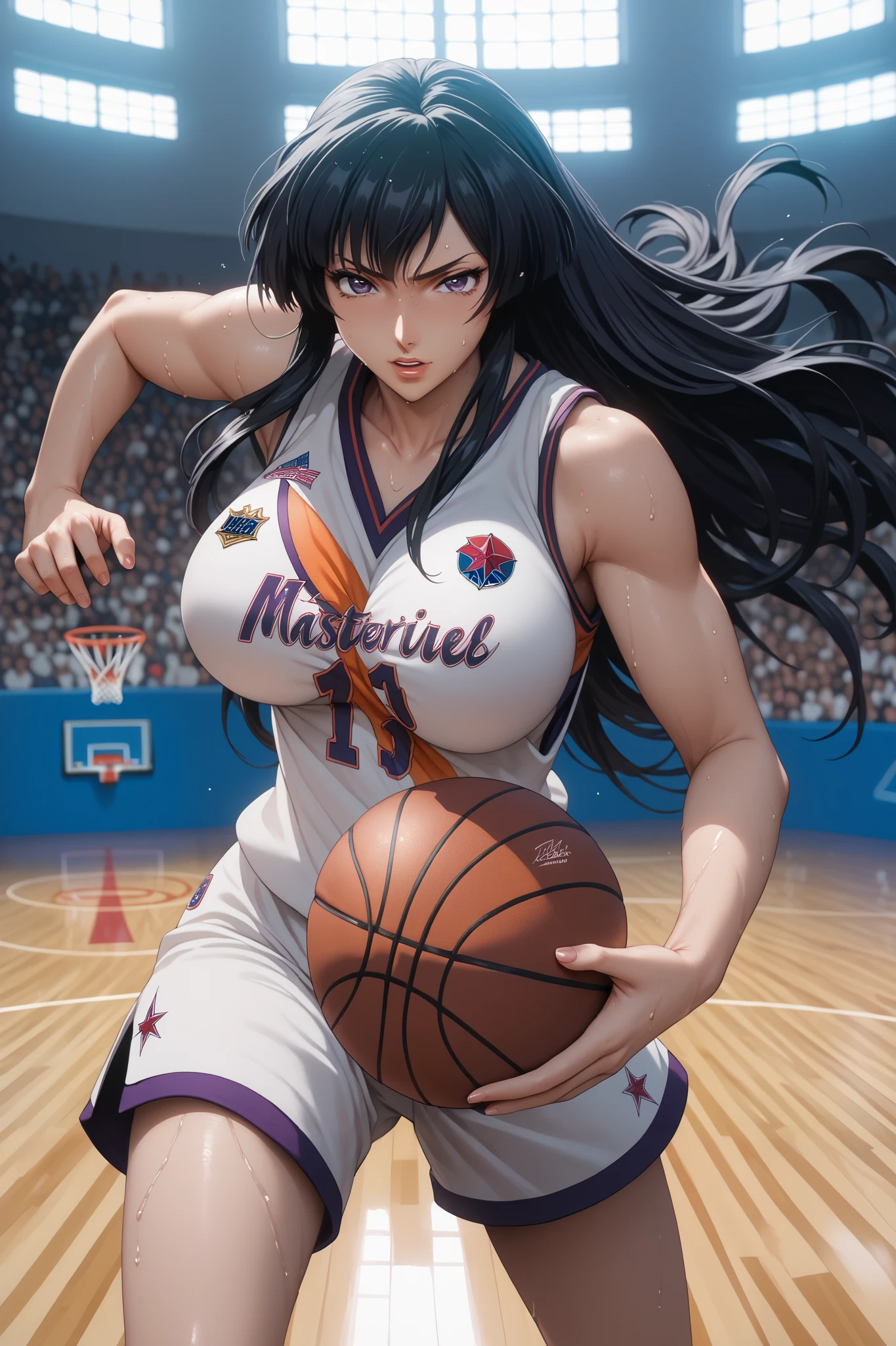 score_9, score_8_up, score_7_up,((masterpiece)), (( best quality)), (( high definition )),anime,torn:0.4 female basketball uniform,big breast,Clear Focus : 1.2,  a Japanese idol ,(( black hair,long Hair: 1.2)) ,dynamic pose,in court,sakuya,sweat scatters