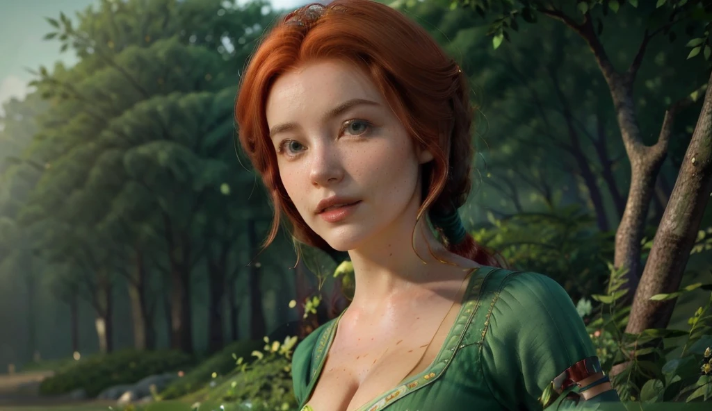 a beautiful young woman with red hair wearing a green dress, detailed facial features, elegant pose, beautiful green garden background, natural lighting, highly detailed, photorealistic, 8k, high quality, digital art