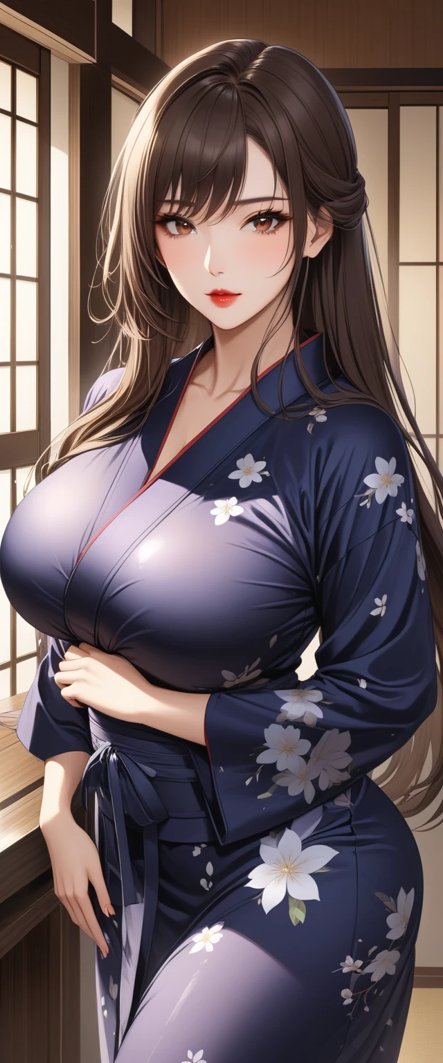                 Brown Eyes               , black 髪, length髪,                        mature mature      ， length,               shiny wet hair      ，               brown hair，            Glowing Lips       ，beautiful，Big Breasts，beautifulデコルテ， beautiful脚 ，   Yukata， comments， accommodation     ，