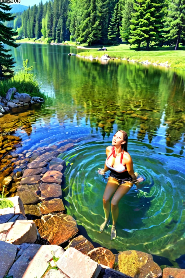 ( super high quality:1.3), masterpiece, ( high definition), HDR, 8k, photo, photorealistic, Beautiful woman bathing, tranquil lake,   sommer, 