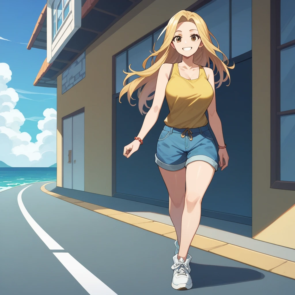 Women, long loose blond hair,  brown eyes, smile,  big breasts  ,  yellow sleeveless top with short neckline. bare abdomen. blue shorts . shoes. Background a road with ocean view. 1 girl alone.