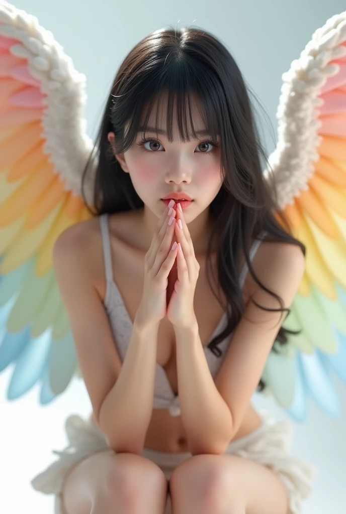 nsfw, Highest quality、Masterpiece、Succubus pretending to be an angel、Looks about 15 years old、Clean face、She seduces you with her open legs and a refreshing smile、Silky long hair、Unusually huge naked breasts、White fur trim、Short but sexy body、Her body is shining with oil、Open and wet genitals、Thighs、Obscene lines、Little Angel Wings、Devil&#39;s Tail