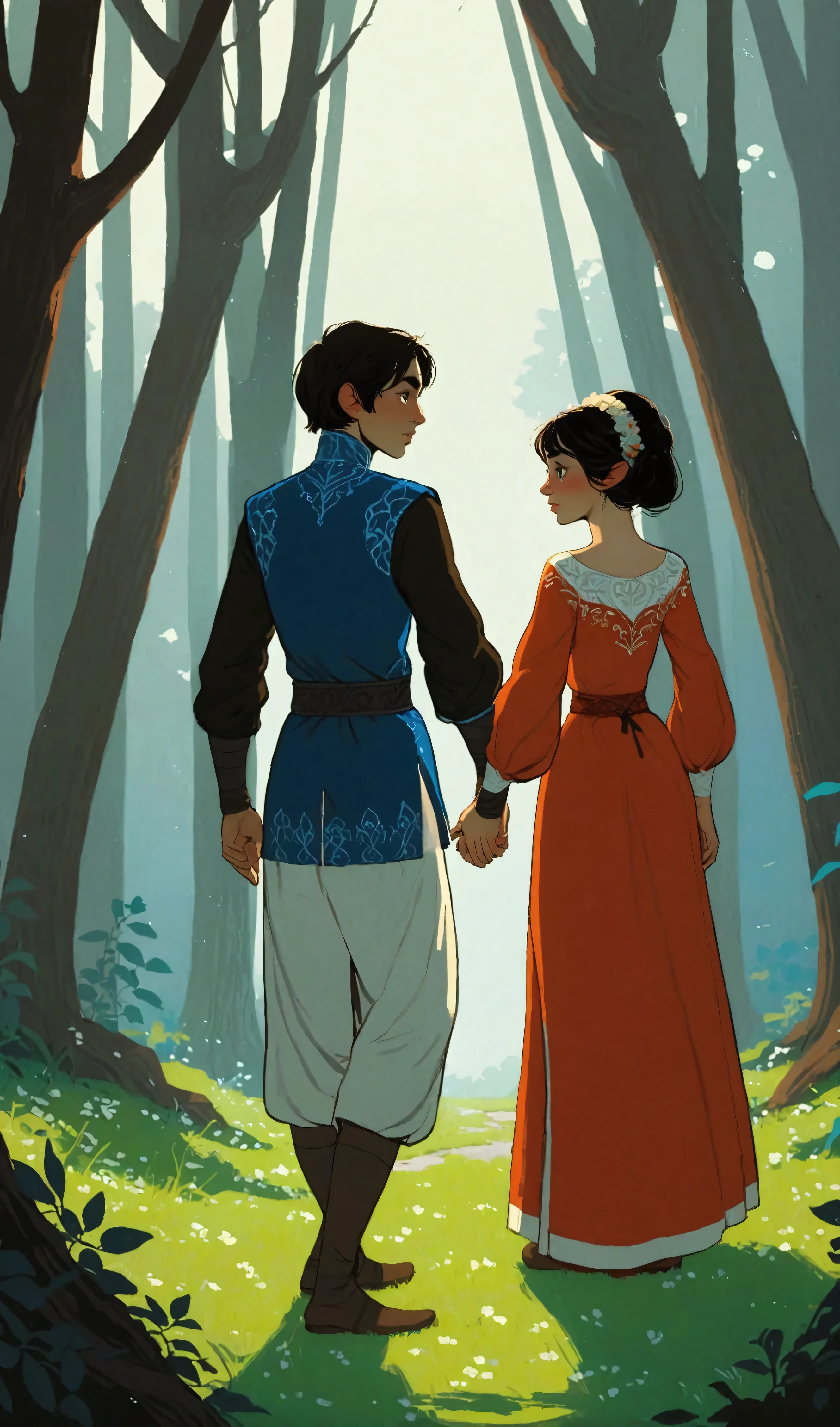 2D ART, hyper detailed gouache painting, realistic features, cartoon, illustration, gougoupaintleaves style:1.2, 1girl wearing a vibrant medieval peasant dress standing next to, 1boy wearring tunic and leggings, at night, full body shot of a young couple walking together in a dark forest, hyper detailed faces, soft serene expressions, detailed clothing, High-quality illustrations, Trending on artstration, wide angle shot, flat painting, Illustration Art, Ilya Kuvshinov style, The Art of Mathematics ilya kuvshinov, highly detailed, uhd image, intricate details detailed scene background, detailed, 8k, trending, amazing art, score_9, score_8, score_7, a digital painting inspired by Will Barnet, by Magalli Villaneneu, tumblr, Digital Art, incase style, Digital Art