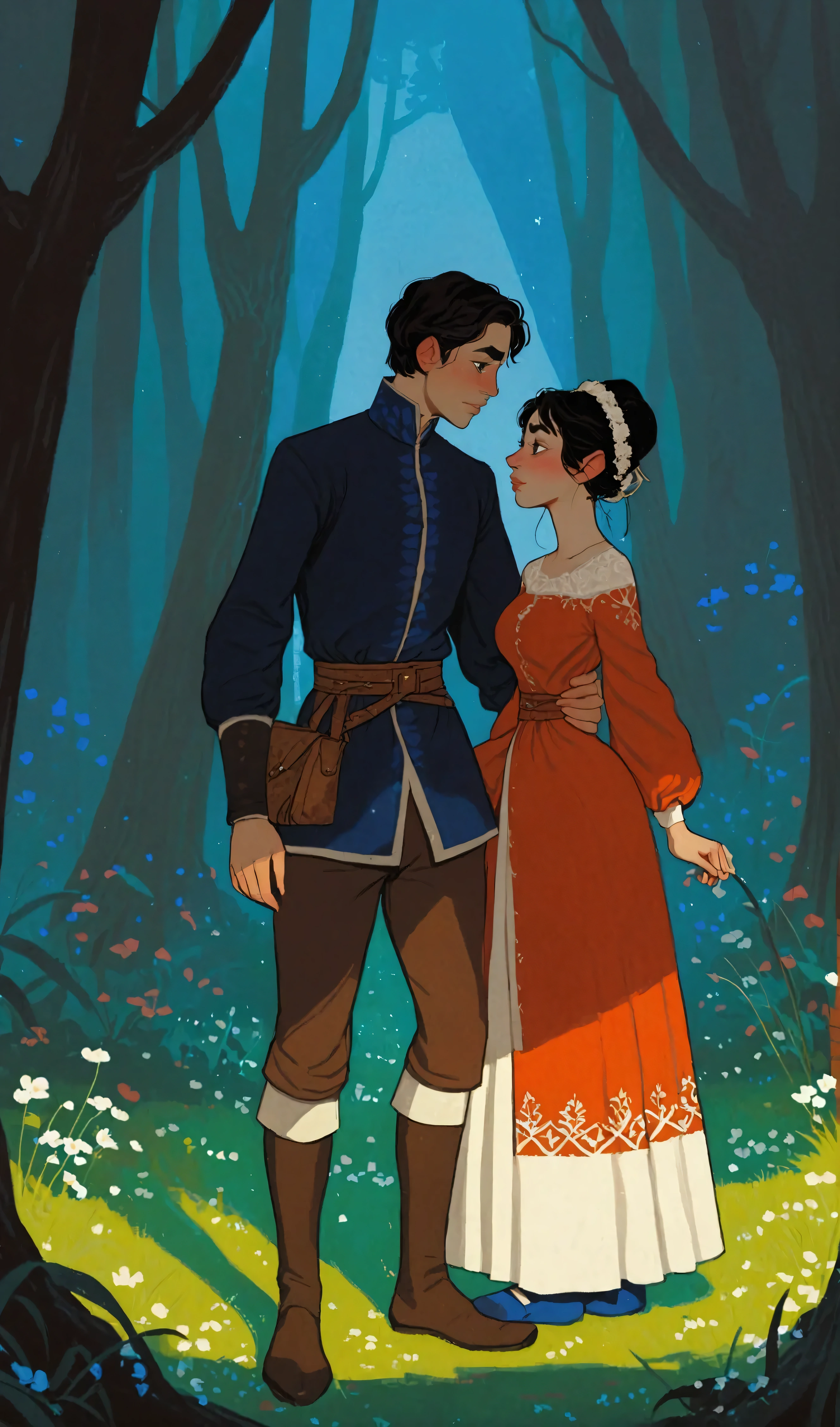 2D ART, hyper detailed gouache painting, realistic features, cartoon, illustration, gougoupaintleaves style:1.2, 1girl wearing a vibrant medieval peasant dress standing next to, 1boy wearring tunic and leggings, at night, full body shot of a young couple walking together in a dark forest, hyper detailed faces, soft serene expressions, detailed clothing, High-quality illustrations, Trending on artstration, wide angle shot, flat painting, Illustration Art, Ilya Kuvshinov style, The Art of Mathematics ilya kuvshinov, highly detailed, uhd image, intricate details detailed scene background, detailed, 8k, trending, amazing art, score_9, score_8, score_7, a digital painting inspired by Will Barnet, by Magalli Villaneneu, tumblr, Digital Art, incase style, Digital Art