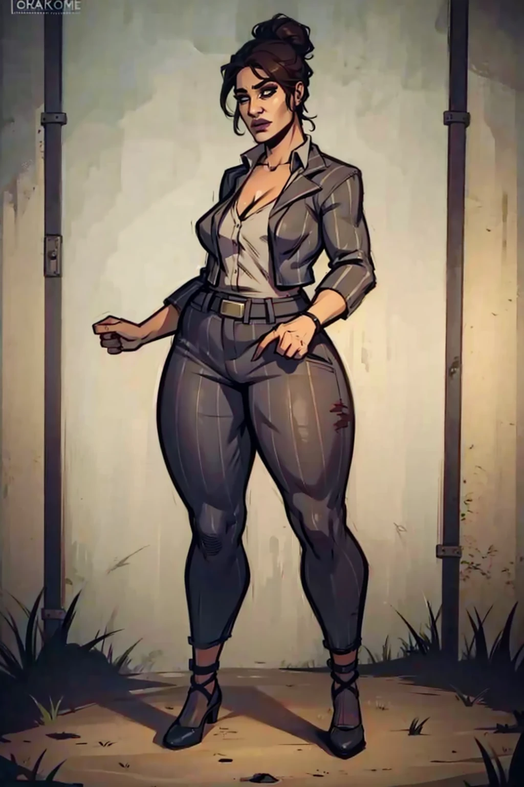 Digital comic art, angled view, sexy standing pose, full curvy figure, mature woman, adult female, whole body, form-fitting, Jane Romero (Dead by Daylight game) inspired costume, pinstriped blazer, blouse, belt, pinstriped baggy pants that ends above the ankle, belt, flat office heels, 1woman, solo, upper body, lower body, ((Extremely Detailed)), ((Best Quality)), ((Masterpiece)), ((4k)).
