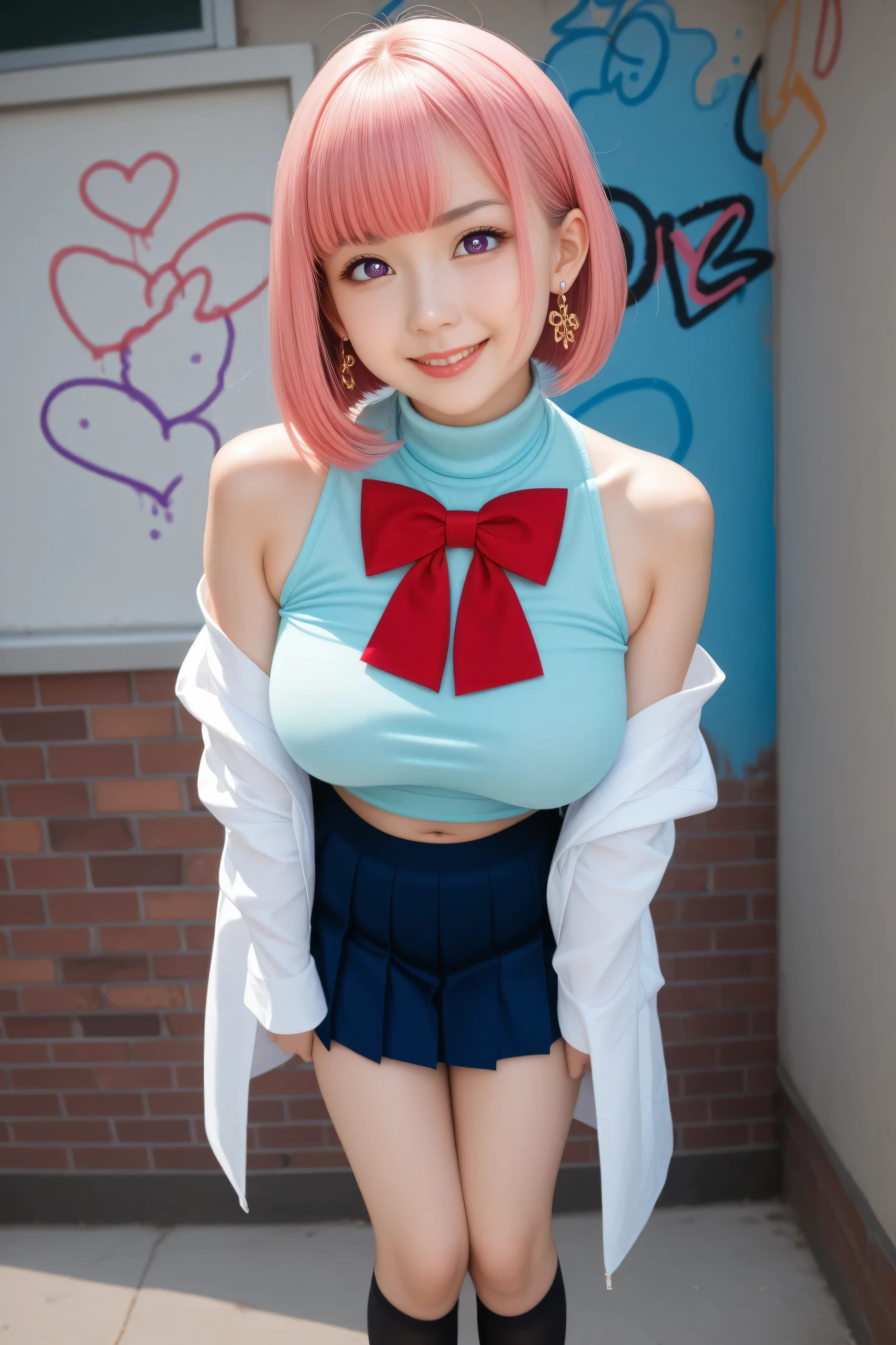 (Masterpiece, best quality, 1 girl, alone, complicated details, Chromatic aberration), realistic, ((Moderate breath)),long hair, pink hair, Red headpiece, Pink Highlights, hair on one eye,purple eyes, earring, sharp eyes, choker, Neon coat, She wears a collar, bangle, and kimono style garters., crop top, (symmetrical eyes),(Perfect symmetrical body),against the wall, Brick wall, (colorful graffiti words on the wall:1.2), The light is dim., alley ,Look at the viewer.、Dig the chest、smile、(sleeveless、Navel touch、Fitted turtleneck.)、street string hot pants、Thin bottom、Please build above the eaves..、Thin shoulders、High resolution、High resolution、in 8K、RAWphotographgraphy、Highest quality、masterpiece、Tabletop、erotic、student、Light green Bra,White skin,knees,(Skin-colored pantyhose),Detailed Panty Pattern、Panty Focus、Pink Panties、absurdes,Small face、Big Breasts、Part the front hair from the middle、The forehead is visible,(Cold look<Squinting my eyes,Glare,strong,Light anger)、masterpiece,Highest quality、超High resolution,RAWphotograph,only,Beautiful poop,one person, one personで,Dark look,Small breasts,whole body、very nice、JK ,high school girl,Japanese women,Are standing,(Realistic:1.37)、Photon Mapping,Light blue ribbon,Realistic、Cute Face,Brown eye、Black socks、22 years old、(Red bow tie)、Radio City、Physics-based only dulling、prospect、Written boundary depth、Blurred Background、photograph,girl、body,Beautiful legs, Long legs, Thin legs,Long Bob Cut,(I can see the front hair), hair, lips, green_eye, Nose Soft,(Light blue shirt), (Navy Pleated Skirt), I can see the knees,See-through clothing,, thigh, black cotton socks,Nogizaka Idol, , Japanese Ido、Sparkling eyes、Glossy lipasterpiece, highest quality:1.2), 8K, young beautiful girl, 85mm,Official AR RAW Photos, baby face、big breasts、show me your ears、photo shoot, cute face, thighs, After school classroom, looking at the viewer, embarrassing、smile、no makeup, film grain, chromatic aberration, sharp focus, face light, clear lighting, Ten