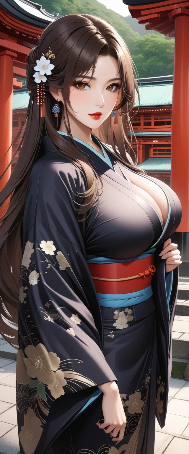                  Brown Eyes                , black 髪, length髪,                         mature mature      ， length,                shiny wet hair       ，                brown hair，             Glowing Lips        ，beautiful，Big Breasts，beautifulデコルテ， beautiful脚 ，Kimono，shrine，temples，