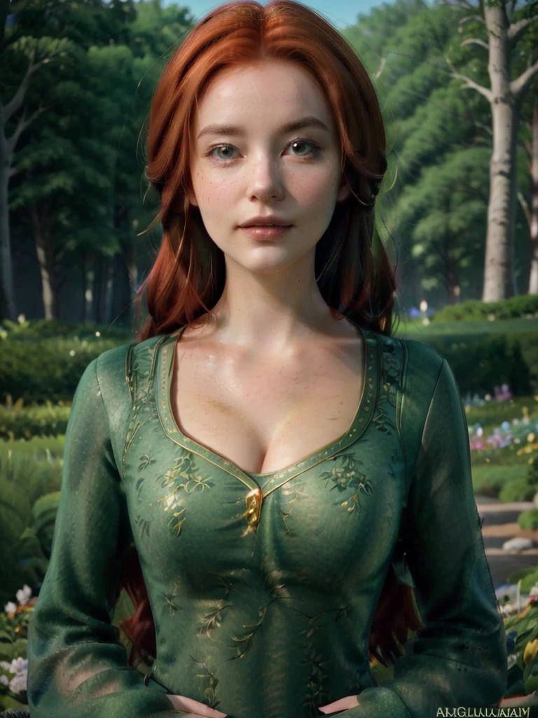 a beautiful young woman with red hair wearing a green dress, detailed facial features, elegant pose, beautiful green garden background, natural lighting, highly detailed, photorealistic, 8k, high quality, digital art
