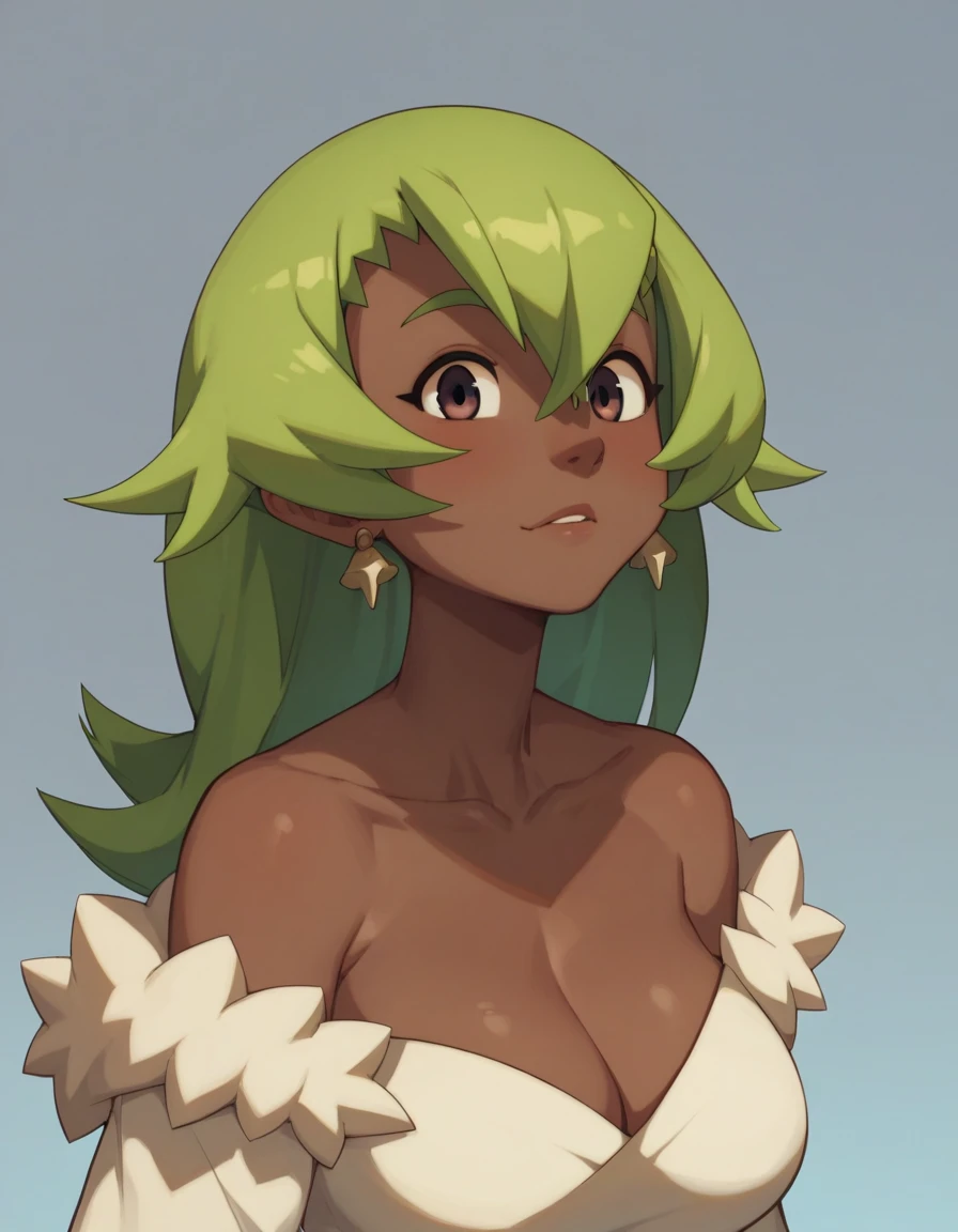 ((work of art,best qualityer)), high resolution, cute, eyelash, trunk, ssmile, leaning forward, finger on lips, 1 girl, standing alone, shorth hair, breastsout, gazing at viewer, naughty smile, hair green, White tank top, breastsout grandes, black pantyhouse, muslos grandes