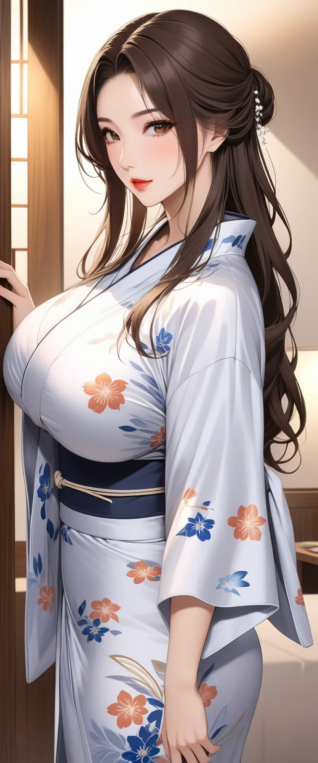                  Brown Eyes                , black 髪, length髪,                         mature mature      ， length,                shiny wet hair       ，                brown hair，             Glowing Lips        ，beautiful，Big Breasts，beautifulデコルテ， beautiful脚 ，   Yukata， comments， accommodation      ，