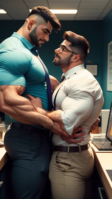 Business man Indian Gurjar gay couple wetty mouth to mouth tounge to tounge kissing and sucking lower lip, bitting lower lip during kissing saliva dripping from mouth with big shinning eyes big lips wide jawline beautiful hunk face spiky black hairstyle, seductive kissing in office 