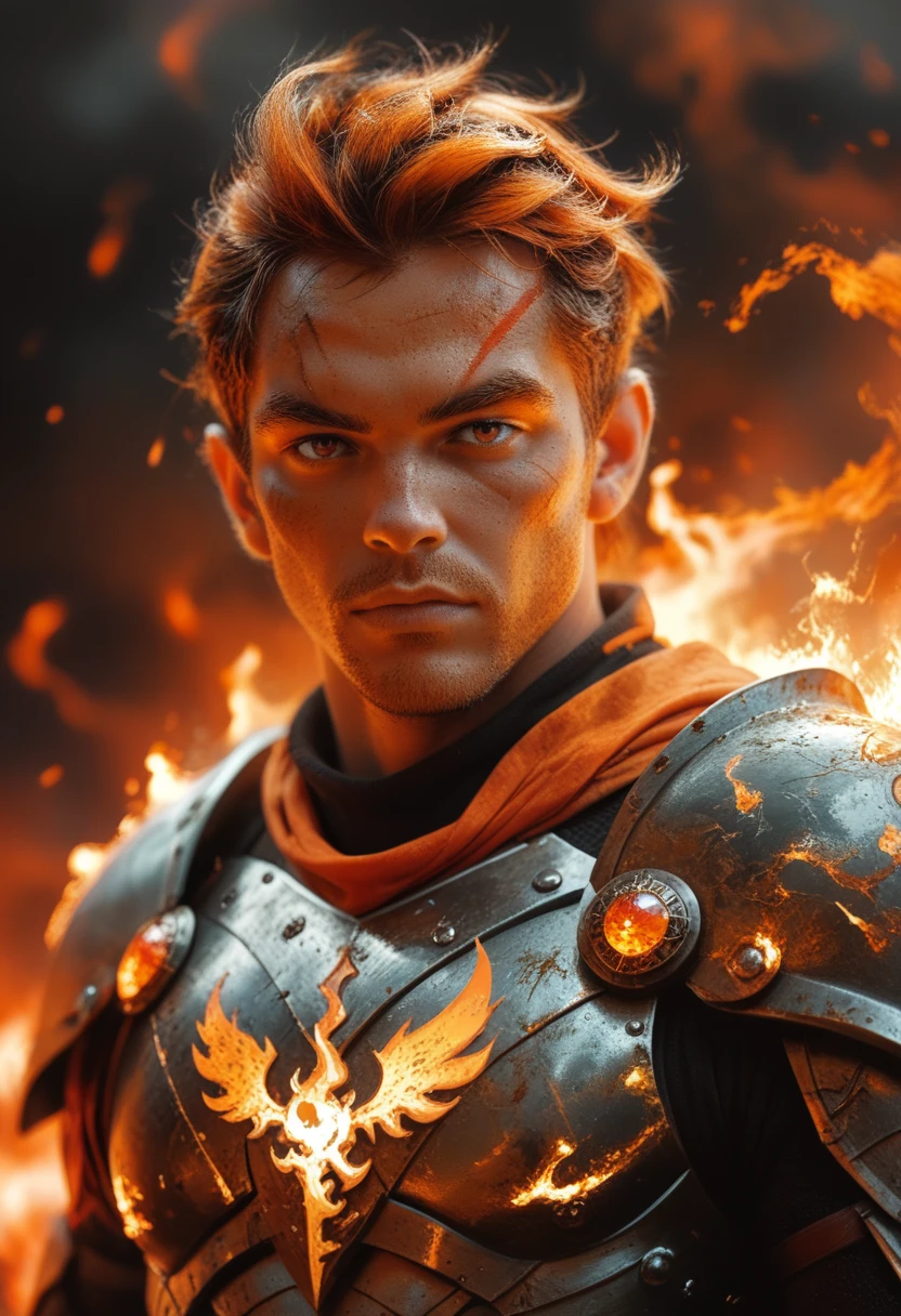 The image is a digital illustration of a man with a big scar on his head. The man is standing in front of a circle of orange and yellow flames, which is the focal point of the image. He is wearing a heavy paladin plate armor and a pendant with a sun on it, and his face is covered in red eyes. The background is a gradient of grey and orange, giving the impression of a fiery or fiery atmosphere. The overall mood of the illustration is ominous and menacing.