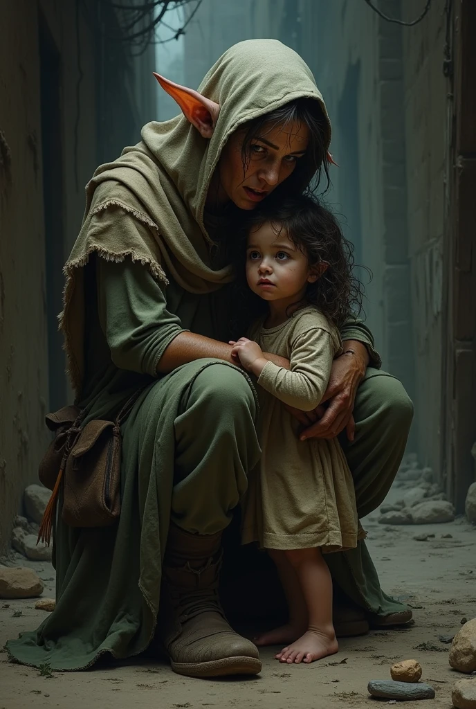 painting of a mother and little ???, (a Kurd woman holding a lit torch on a castle: 1.3), wearing (Kurdish: 1.2) traditional dress, looking off camera, pretty face, (a 3-year-old boy standing: 1.2) wearing Kurdish men's clothing, castle battlements, behind castle battlements, huge plains landscape, night time, dark sky, haze, gloomy cloudy sky with moon, non-anime style, realism, real art, (painting: 1.5)