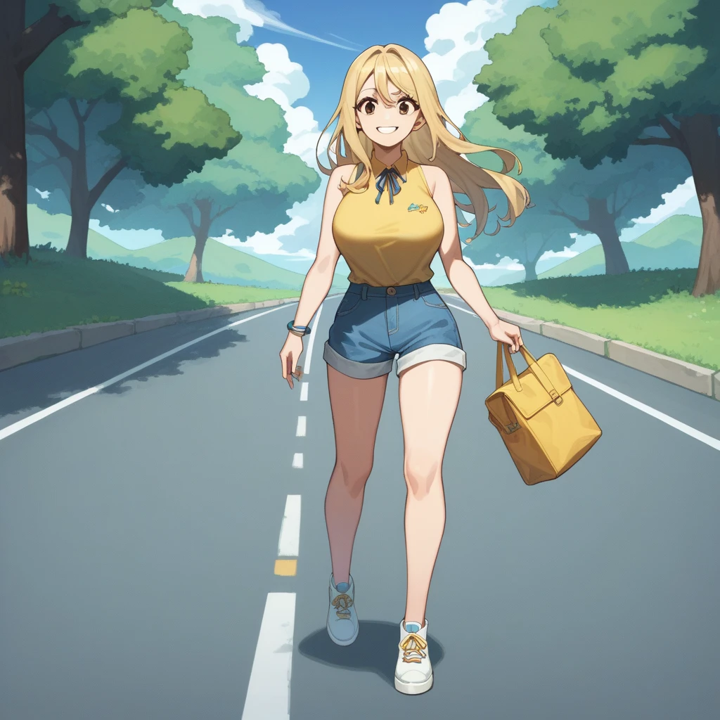 Women, long loose blond hair,  brown eyes, smile,  big breasts  ,  yellow sleeveless top with short neckline. bare abdomen. blue shorts . shoes. Background a road with ocean view. 1 girl alone.