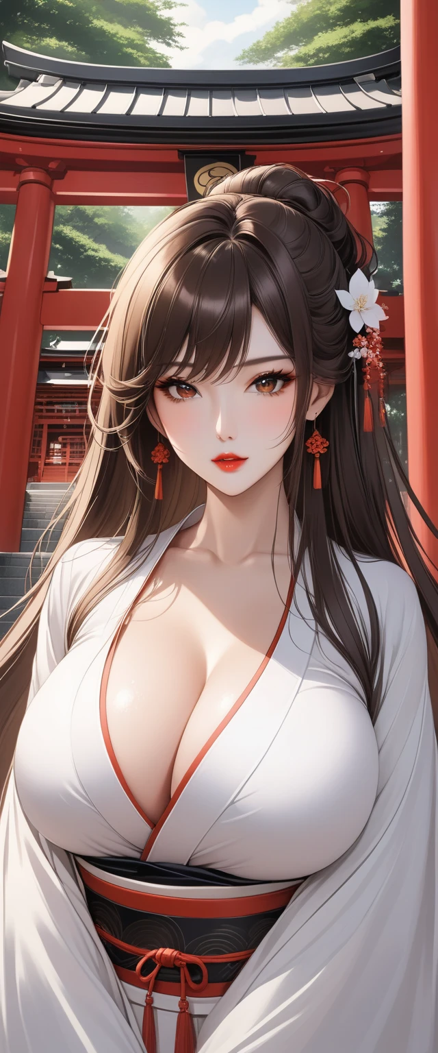                   Brown Eyes                 , black 髪, length髪,                          mature mature      ， length,                 shiny wet hair        ，                 brown hair，  Glowing Lips         ，beautiful，Big Breasts，beautifulデコルテ， beautiful脚 ， white kimono，shrine，temple，