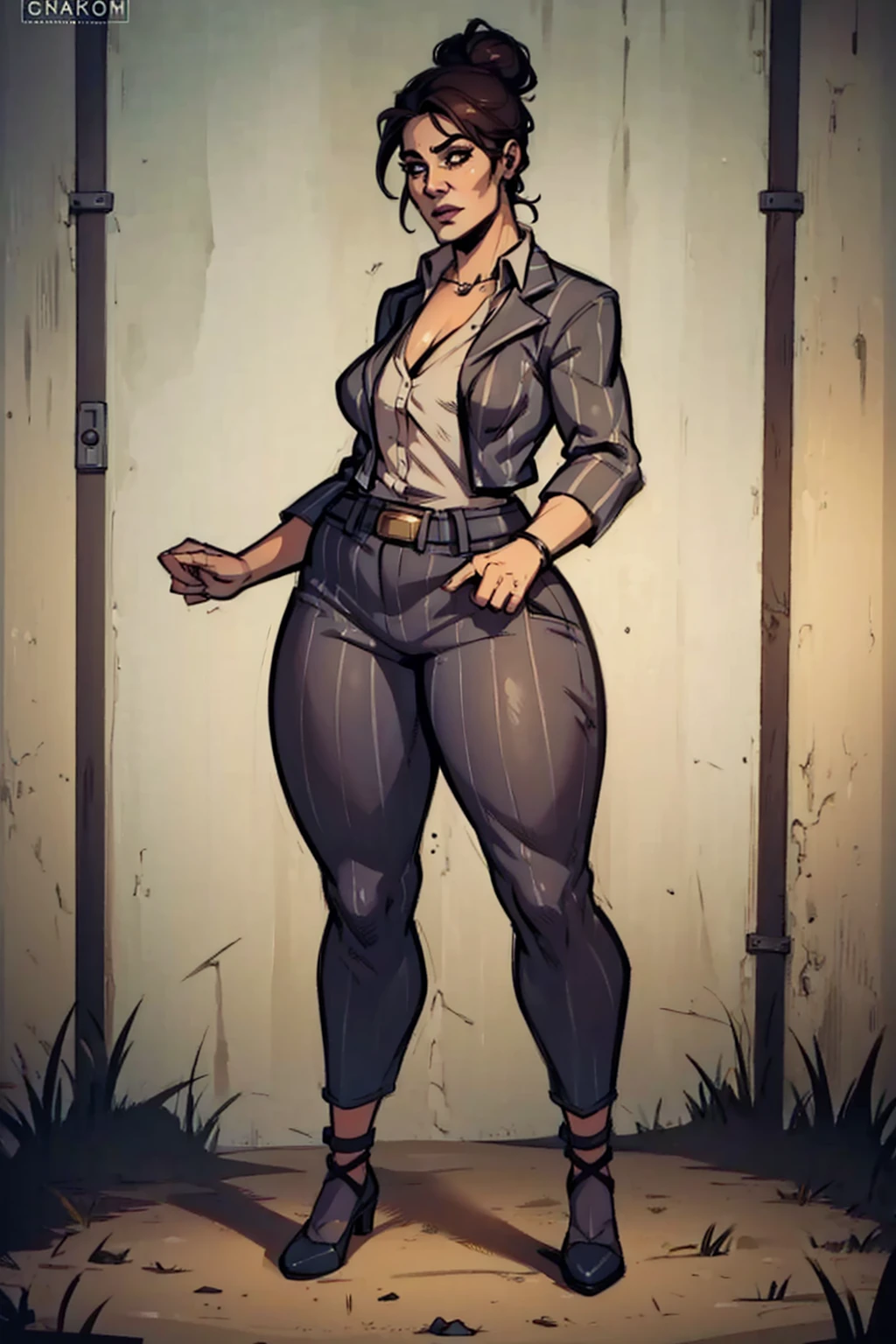 Digital comic art, angled view, sexy standing pose, full curvy figure, mature woman, adult female, whole body, form-fitting, Jane Romero (Dead by Daylight game) inspired costume, pinstriped blazer, blouse, belt, pinstriped baggy pants that ends above the ankle, belt, flat office heels, 1woman, solo, upper body, lower body, ((Extremely Detailed)), ((Best Quality)), ((Masterpiece)), ((4k)).
