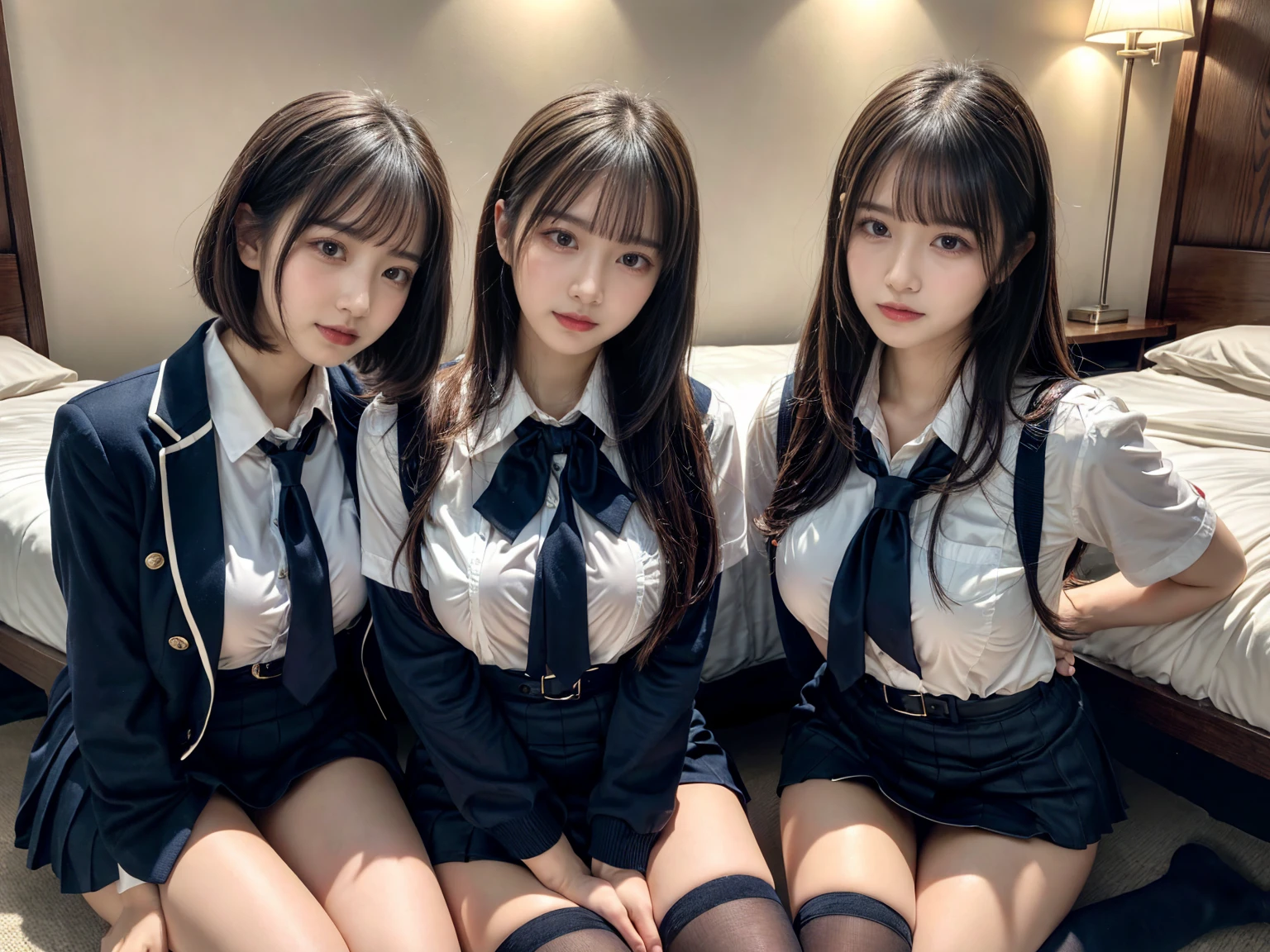 muster piece, best quality, illustration, Super detailed, fine details, High resolution, 8K,wall paper, perfect dynamic composition,(Details High quality, realistic depiction of eyes:1.3), ((2 girls, 2 schoolgirls)), The background is a luxury hotel room、High school girl uniform、blazer 、Super Short Check Uniform Skirt、Navy blue high socks、garterbelts、Colossal tits、Disturbed uniform, Play with each other,Touching each other's bodies,Touching the body of the girl next door, short bob hair, black hair color, huge breasts, Big Natural Color Lip, bold sexy pose, (perfect body shape), crying a little、cold gaze,  Harajuku style、Beautiful makeup,glitter makeup,Cutest 18 years old, beautiful legs, hposing Gravure Idol, Voluptuous thighs