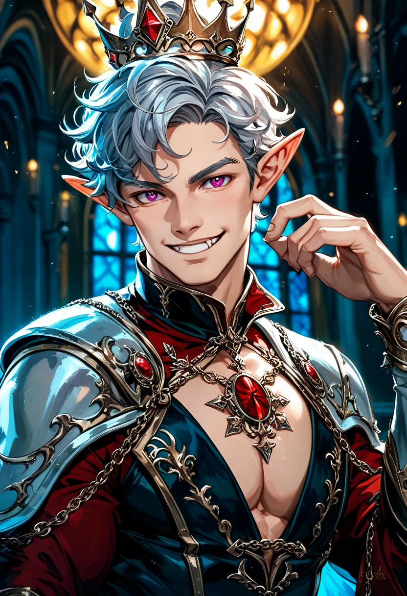 masterpiece, high quality, best aesthetics, romantic lighting, fantasy setting, handsome elf male in his 40's, smirk, red eyes, vampire, short silver hair, a king dressed in royal clothing, wearing crown, tall. He is posing with his 18-year-old daughter, an adorable elf princess with long blond curly hair, large breasts, and violet eyes wearing a jeweled tiara. 