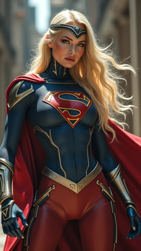 (((Simbionte Spiderman))),(((A beautiful woman with long blonde hair under the mantle of the Kryptonian Kara zor-El aka Supergirl))),(((Shield the emblem of Supergirl))),(((corset ?????))),(((Long black boots up to her knees))),(((With Symbiote skin running all over his skin))) Black metal bracelets))),(((Simbionte Spiderman)))