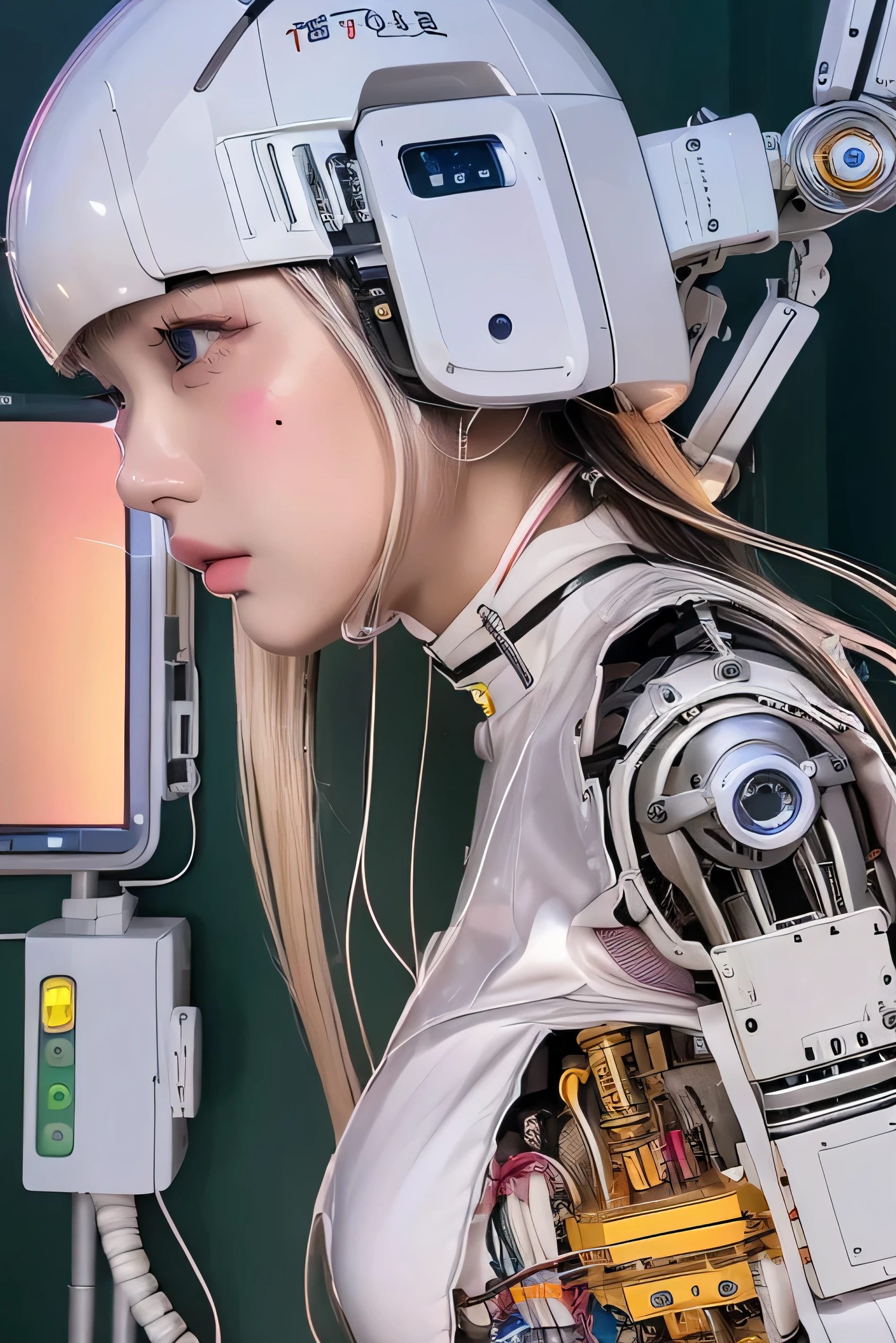 masterpiece, best quality, extremely detailed,portrait,front view,Japaese android girl,Plump,pastel color uniform, control panels,android,Droid,Mechanical Hand, Robot arms and legs,Blunt bangs,long tube,thick cable connected her neck