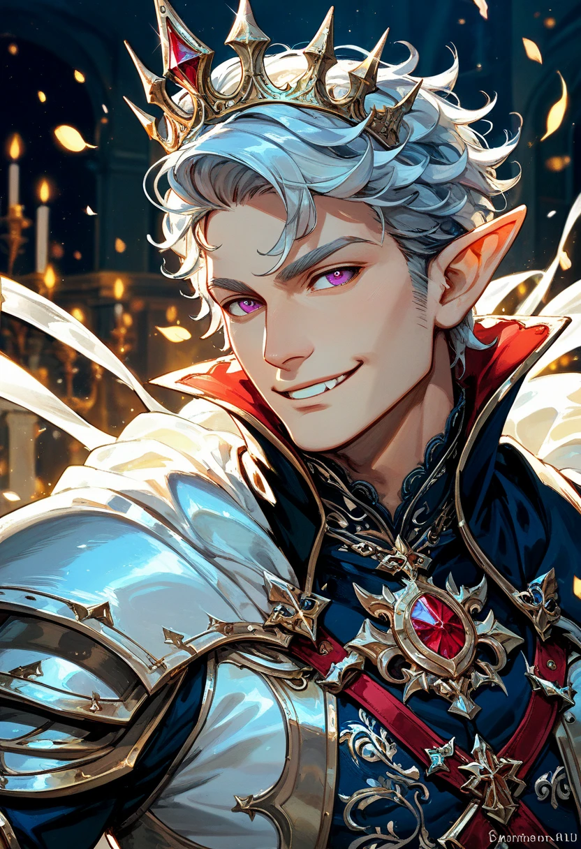 masterpiece, high quality, best aesthetics, romantic lighting, fantasy setting, handsome elf male in his 40's, smirk, red eyes, vampire, short silver hair, a king dressed in royal clothing, wearing crown, tall. He is posing with his 18-year-old daughter, an adorable elf princess with long blond curly hair, large breasts, and violet eyes wearing a jeweled tiara. 