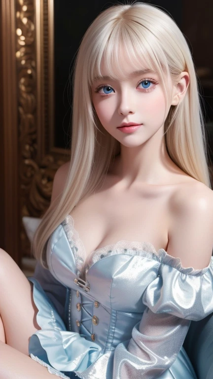 8k, best quality,The real picture, intricate details ,超A high resolution, depth field ,Masseter muscle area, natural soft light for a little smile, professional lighting,One baby-faced girl,(cute:1.2),( gothic lolita fashion),Bright expression, young shiny shiny white shiny skin,The best beauty, the ultimate beautiful girl, World's Most Beautiful Platinum Blonde Hair , shiny bright hair ,Long silky hair,Shiny, beautiful bangs,Sparkling, clear, attractive, incredibly bright light blue eyes、Very big eyes,とても美しい素敵なcute1童顔の女の子、 hair that flutters like、 off shoulder、Small Face Beauty、round face