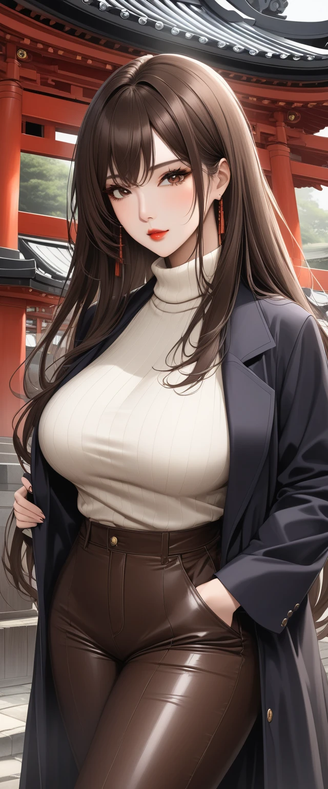                   Brown Eyes                 , black 髪, length髪,                          mature mature      ， length,                 shiny wet hair        ，                 brown hair，              Glowing Lips         ，beautiful，Big Breasts，beautifulデコルテ， beautiful脚， turtleneck sweater， pants style， Long Coat ，shrine，temple，