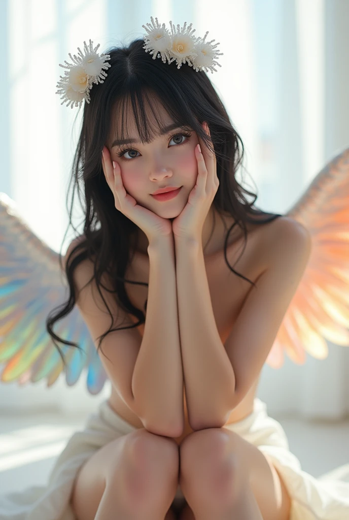 ((((NSFW))))、High resolution、(In detail)、Highest quality、masterpiece、Anatomically correct、(１A young -yeld na angel: 1.5)、(She has white wings on her back)、Super cute girl、Lying on your back、Knees up and legs apart、I can see the vagina、My nipples are erect、((Big Breasts:1.5))、((Feeling facial expression))、Sweaty and flushed skin、bright midsummer sunshine、Large bed with white sheets、Black medium-long hair、Immediately after having sex、ベッドにLying on your backで横たわる、Spread your legs up、Happy face、Emphasis on the vagina、A man is grabbing my thighs