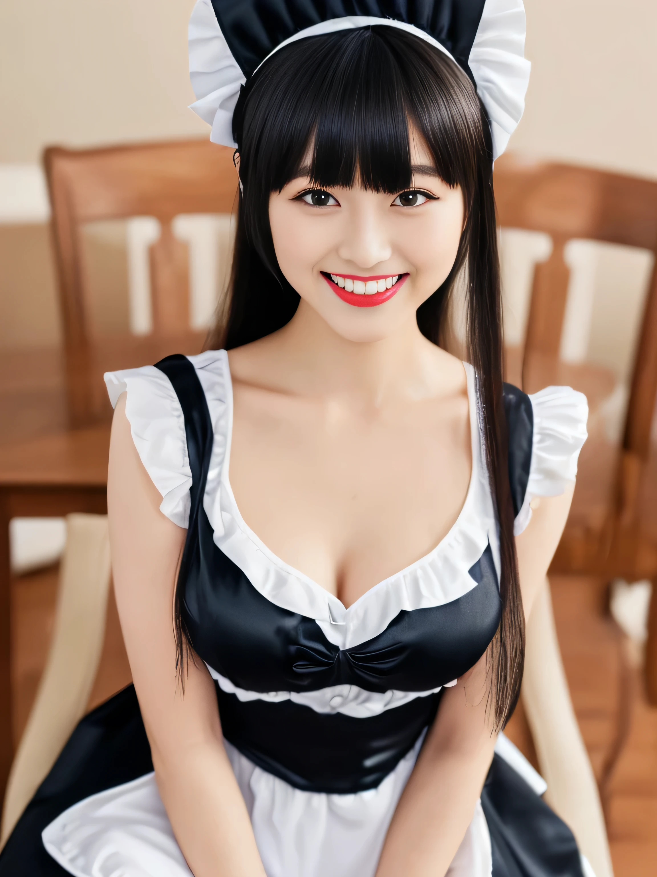 1 female　(This is Maid Cafe:1.3)　(Tilt shot from the waist up:1.1)　((She turns to the viewer and gives her best smile))　((woman in a black and white dress and a hat, Maid outfit, Maid dress, Catboy Cosplay! Maid! dress, anime girl in a Maid costume, Maid costume, anime cat girl in a Maid costume, black gothic lolita dress, gorgeous Maid, wearing Maid uniform, Lolita Style, High Quality Costume,Sexy female cosplay, Maid))　　(Her hair is very, very straight and very long.:1.4)　(Her beautiful hair is of the highest quality and with the most detailed hair.　Her hair is very shiny and silky.　Her hair is very voluminous、Very shining　Her hair is very light brown)　(hair dark, beautiful,shiny and voluminous.)　((Her bangs are neatly trimmed and worn straight down.:1.8))　((Highest quality)), ((masterpiece)), (family friendly), Perfect female face　(She has a typical Japanese build and skin color.., Her skin is very delicate and sensitive..、and、Such beautiful and radiant skin)　(Big Breasts:1.5)　(Her face is long, Small eyes and nose.、Narrow-mouthed　and the most beautiful)　(She is the most beautiful 28-year-old  in Japan.)　(She has her makeup done by a professional makeup artist...........　Lipstick is natural red　The eyeliner is a beautiful 黒)　(She is wearing a beautiful white silk dress. :1.2)　(Extremely detailed 8K)　(Ultra-fine skin texture 1.4)　(current, Vibrant:1.4), 　Sharp focus:1.2、Beautiful woman:1.4　Dynamic Lighting　(Genuine RAW photos taken by professional photographers)　(She is sitting on a chair and smiling at the viewer)　(Surreal photos by professional photographers :1.2)　