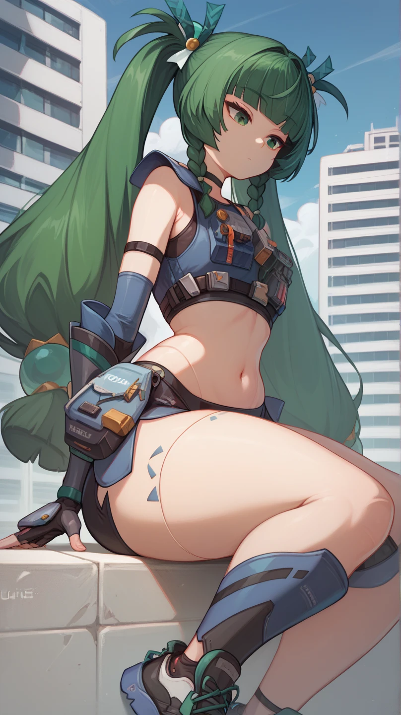 solo, qingyi, green eyes, green hair, very long hair, twintails, blunt bangs, hair bobbles, side braids, hair ornament, robot joints, wide hips, big ass, thick thighs, fingerless gloves, black shorts, navel, choker, crop top, knee pads, elbow gloves, black sneakers, gauntlets, expressionless, blue sky, building, perfect body, curvy female, sitting, looking down, thinking, hands inside thighs 