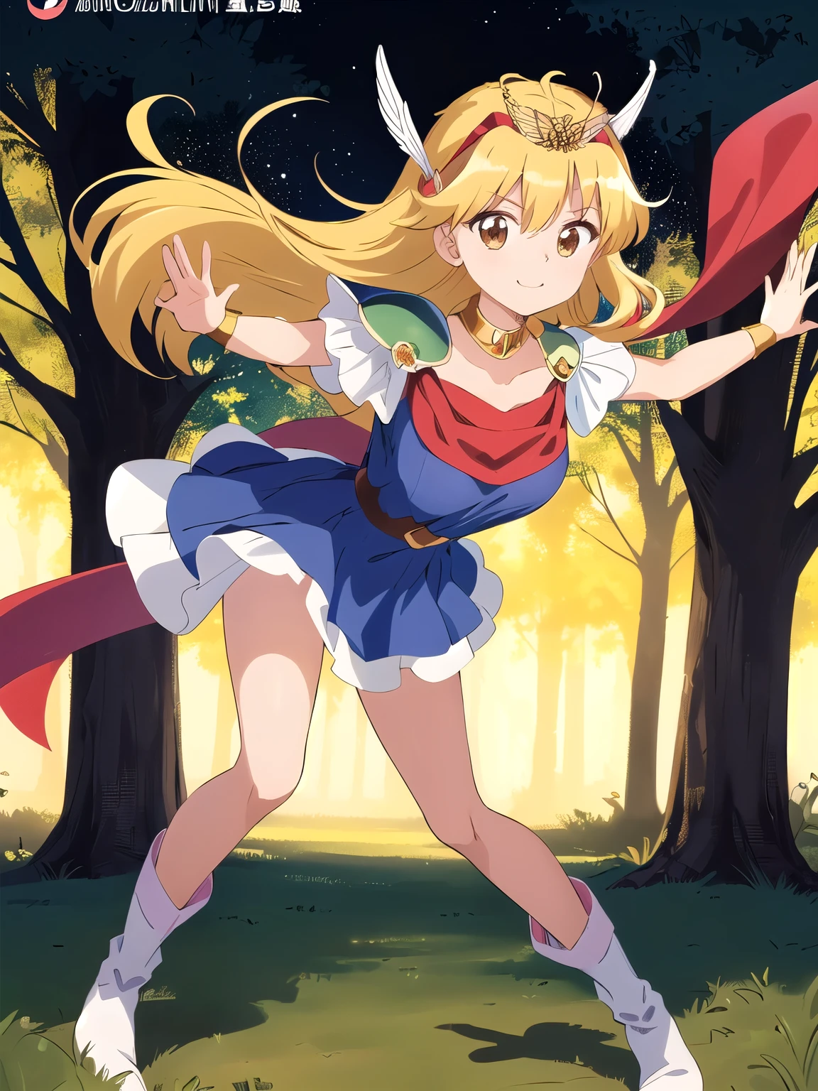 Masterpiece ,最 High Quality ,nsfw,official style, Official Art, ANIME COLORING BOOK, High Quality _anime image quality, high definition , 8k, wallpaper, super detailed, perfect eyes, perfect face,( beautiful face:1.2),shiny skin,focus on the chest, ((Magical Princess, blue dress without sleeves, Blue Miniskirt, headband , shoulder guard , boots, red scarf, tiara , white shoes ,)), 1 girl, Alone, blonde hair, long hair, Brown Eyes , Big Breasts,(Big Breasts:1.6, smaller乳首、 provides information 、 smaller乳輪、 provides information )、( panties on the desk, smaller, Get used to it), smile, full body shot , battle pose , ( open legs:1.5), (Forest Background,), Remove color noise,