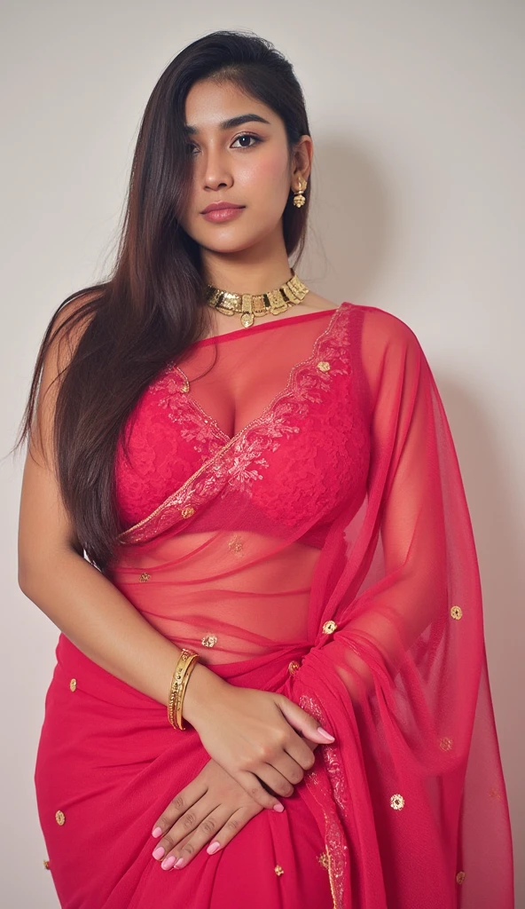 Cute, beautiful woman,(full body view), big natural lips, ((saree)), indian female model divya bharti, dark red lips, dark red lips,