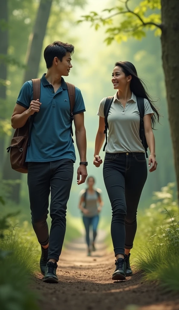 Three men and two women in casual clothes walking in the middle of the forest
