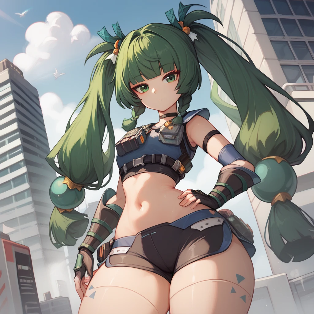 solo, qingyi, green eyes, green hair, very long hair, twintails, blunt bangs, hair bobbles, side braids, hair ornament, robot joints, wide hips, big ass, thick thighs, fingerless gloves, black shorts, navel, choker, crop top, knee pads, elbow gloves, black sneakers, gauntlets, expressionless, blue sky, building, perfect body, curvy female, cowboy shot, pov