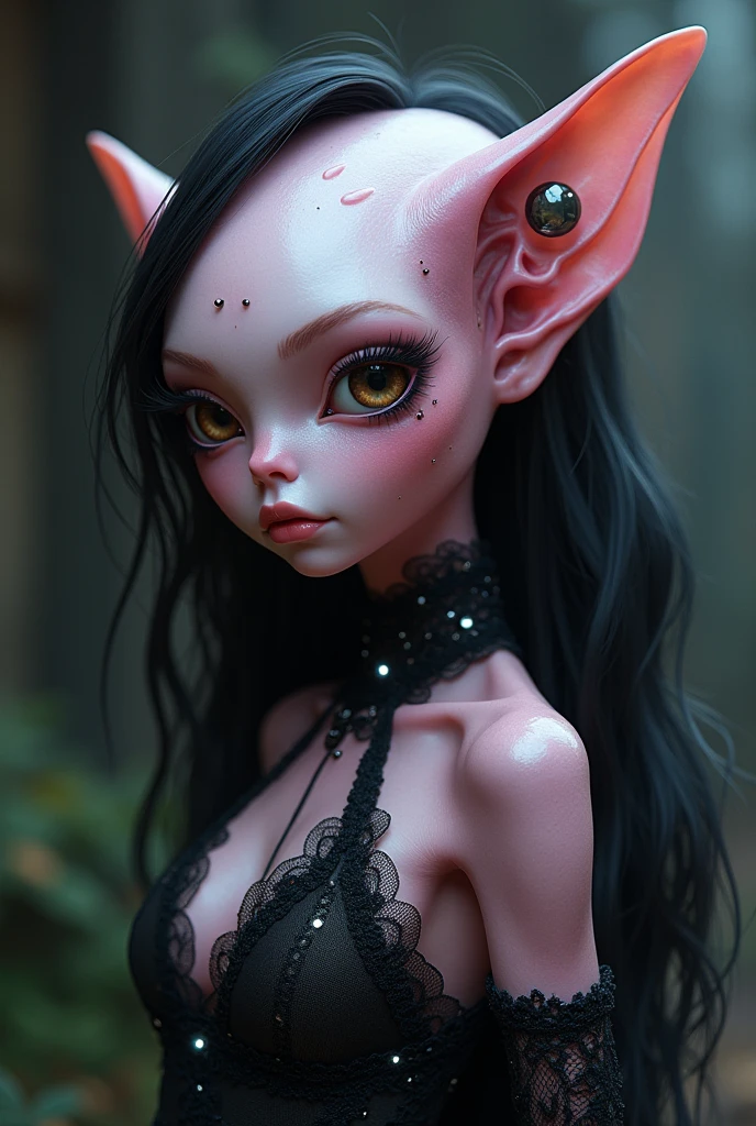 one girl, elf ears, , pure, cute naked, topless, a Woman alien mix, human Body, big tits,   shed skin, alien nose but the Rest of the face ist human, (((whiskers))) big eyes, full black eyes, hybride 10 % Cat 50 %alien and  40 % human, face mostly woman,  shed kin at Body Arms and shoulders and neck, tits are human , nipples , full black Iris, slender No clothes,snake shed skin, dark purple skin, pink Hair, mohawk, fat lips, bimbo lips, Latex harness, tail, fangs