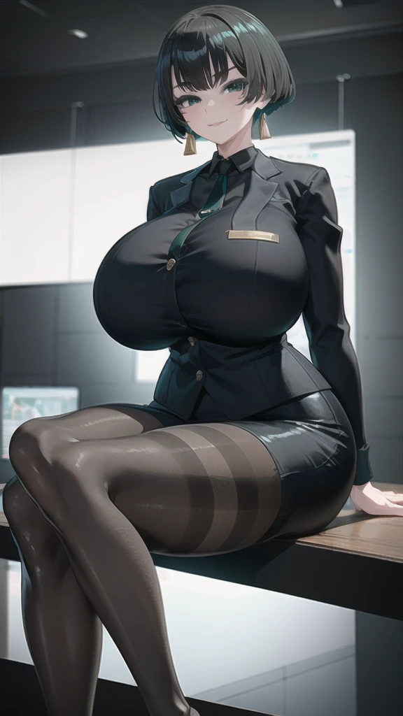 SFW, (Matte texture), sitting, 1 Secretary to support the viewer, ALLMIND, smug, naughty smile, (black hair), (short bob), earring, (green eyes), (tall and slim), (sensual body), (stocky build), (gigantic huge breasts), (extremely thick thigh), gigantic huge hip, narrow waist, (business suit, black shirt, Fastened buttons, tight skirt:1.2), (Pantyhose:1.5),  (cyberspace background), masterpiece, high quality, high detail