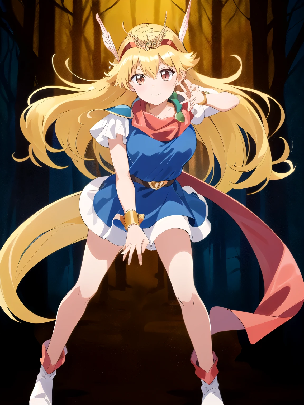 Masterpiece ,最 High Quality ,nsfw,official style, Official Art, ANIME COLORING BOOK, High Quality _anime image quality, high definition , 8k, wallpaper, super detailed, perfect eyes, perfect face,( beautiful face:1.2),shiny skin,focus on the chest, ((Magical Princess, blue dress without sleeves, Blue Miniskirt, headband , shoulder guard , boots, red scarf, tiara , white shoes ,)), 1 girl, Alone, blonde hair, long hair, Brown Eyes , Big Breasts,(Big Breasts:1.6, smaller乳首、 provides information 、 smaller乳輪、 provides information )、( panties on the desk, smaller, Get used to it), smile, full body shot , battle pose , ( open legs:1.5), (Forest Background,), Remove color noise,