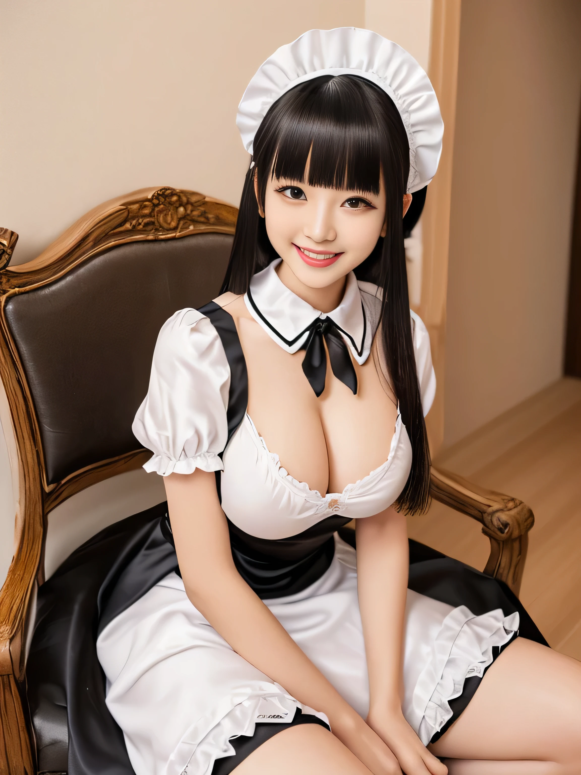 1 female (This is Maid Cafe:1.3) (Tilt shot from the waist up:1.1) ((She turns to the viewer and gives her best smile)) ((woman in a black and white dress and a hat, Maid outfit, Maid dress, Catboy Cosplay! Maid! dress, anime girl in a Maid costume, Maid costume, anime cat girl in a Maid costume, black gothic ta dress, gorgeous Maid, wearing Maid uniform, Lolityle, High Quality Costume,Sexy female cosplay, Maid)) (Her hair is very, very straight and very long.:1.4) (Her beautiful hair is of the highest quality and with the most detailed hair. Her hair is very shiny and silky. Her hair is very voluminous、Very shining Her hair is very light brown) (hair dark, beautiful,shiny and voluminous.) ((Her bangs are neatly trimmed and worn straight down.:1.8)) ((Highest quality)), ((masterpiece)), (family friendly), Perfect female face (She has a typical Japanese build and skin color.., Her skin is very delicate and sensitive..、and、Such beautiful and radiant skin) (Big Breasts:1.5) (Her face is long, Small eyes and nose.、Narrow-mouthed and the most beautiful) (She is the most beautiful 28-year-old in Japan.) (She has her makeup done by a professional makeup artist.......... Lipstick is natural red The eyeliner is a beautiful 黒) (She is wearing a beautiful white silk dress. :1.2) (Extremely detailed 8K) (Ultra-fine skin texture 1.4) (current, Vibrant:1.4), Sharp focus:1.2、Beautiful woman:1.4 Dynamic Lighting (Genuine RAW photos taken by professional photographers) (She is sitting on a chair and smiling at the viewer) (Surreal photos by professional photographers :1.2)