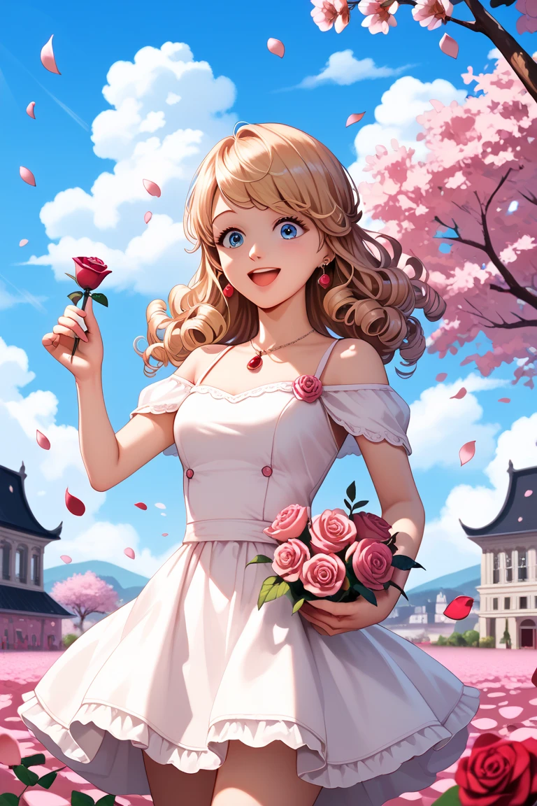 art by Cornrose, dreamer, Cherry _flowers, touchdown_Petals, Petals, offshoot,  pink_rose,  one girl, 20 years old , blue_sky, spring_(season), Petals_on_Liquid, rose, Hanami, dress, (Long blond curly hair：1.5),Wearing a wreh,sky, 's eye in the open air, clouds, Surprise, Smiling,  pink_eyes, White skirt with Cherry  blossom embellishments, only_ shoulders , Earrings, Carries_rose, winds, tree, looking__scenes, Cowboy Shot ,