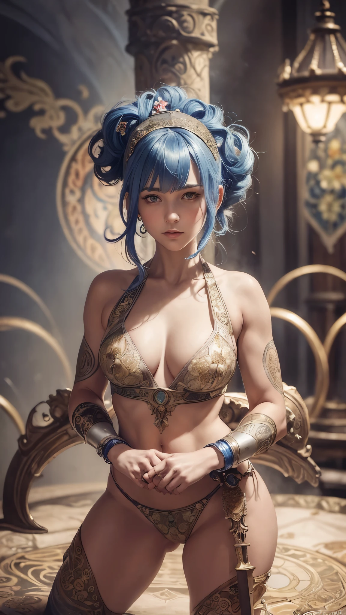((Detailed face)),((Mucha's style)),(vulgar),(portrait),,blue hair,side ponytail,(arms behind back:1.2),((addiction to sex))((light-armed warrior)),(high position:1.6)