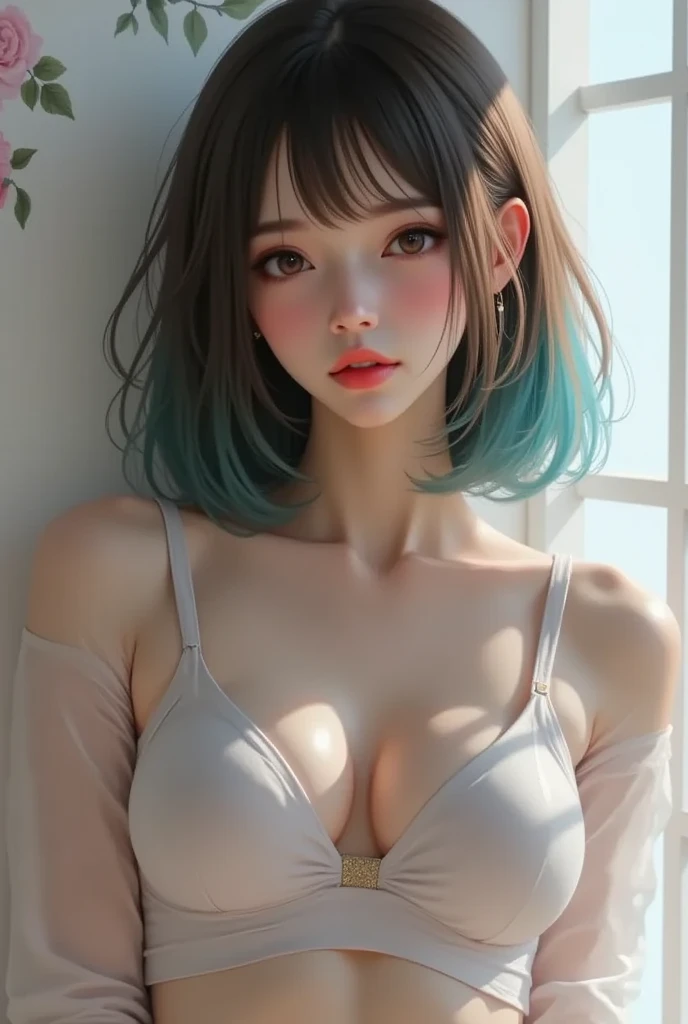 (((masutepiece:1.4, Best Quality)), (1girl in), (Perfect Anatomy), BREAK,  Cute Girl, (hair messy), (Light orange eyes), Small breasts, facing,Short knitwear、Protruding nipples、Nipple emphasis