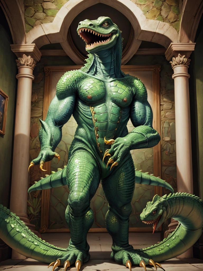 8k、((((No humans)))), reptiles,, green body, Crocodile human, Muscular,、(Irritated、Close your mouth)、Combat Stance、(Crocodile scales)、From below