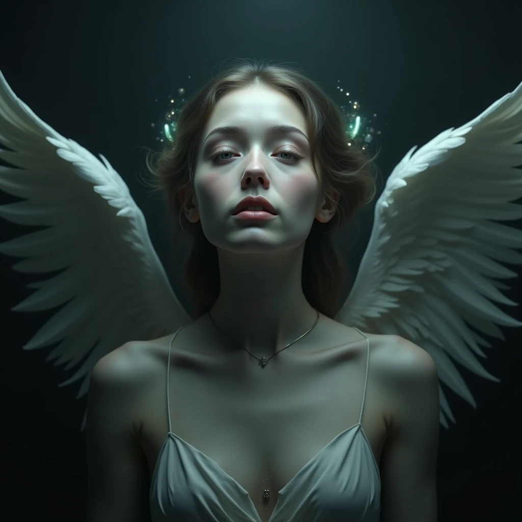 Create an image of a symmetrical figure of man with angelic wings and anatomical details exposed, sitting in a reflective pose on a checkered floor. The setting is dimly lit, and there’s a subtle halo floating above the figure’s head. The overall tone conveys a blend of mythical grace and somber introspection. The figure’s wings are large and detailed, with almost realistic feathers. The figure is seated with legs crossed and hands resting on the knees, showing a mix of human and mythical elements. The halo is a soft golden color, emitting a gentle light that slightly illuminates the figure’s head. The color palette consists of dark and muted tones, predominantly grays, blacks, and dark blues. The wings are a pearly white, contrasting with the dark background. The figure’s skin is pale, almost translucent, standing out in the somber environment. The floor is a black and white checkered pattern and have a , and the lighting is soft and diffuse, creating deep shadows and a mysterious atmosphere. The background is dark and nebulous, adding an air of introspection and mystery to the scene