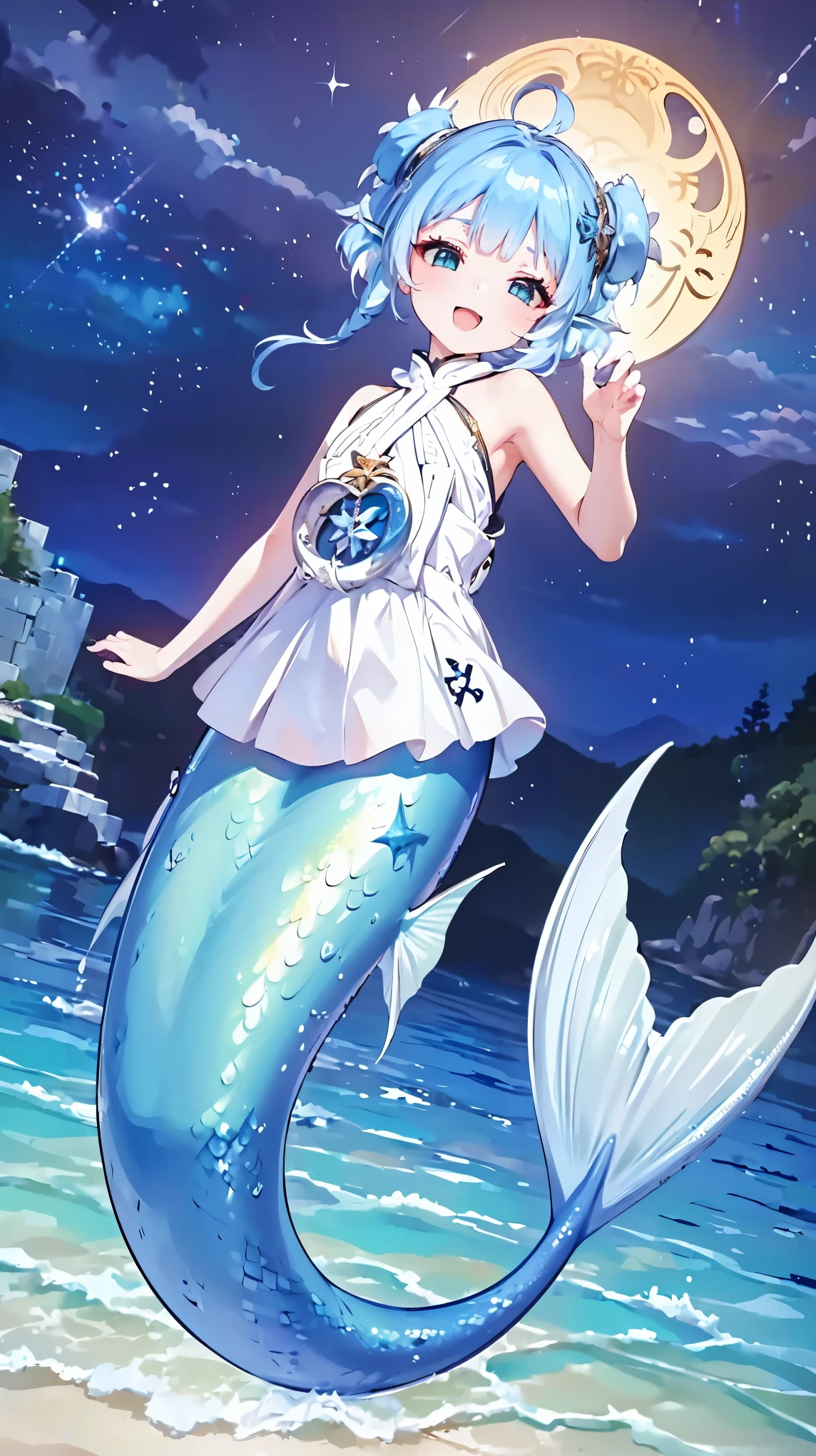 (masterpiece, best quality ),(Full five fingers), a girl ,Hair accessories,Head fin, alone ,Mermaid,天蓝色的Mermaid尾巴,Full body photo, night view,Smile,(Underwater:1.2),charming face(Kawaii, charming,Soft),Open your mouth,Sing