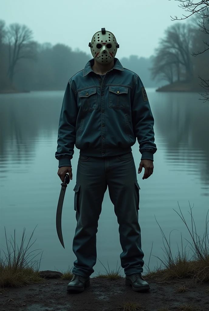 (( best quality)), ((masterpiece)), (( high definition)),(( high definition )),8k,Jason in a hockey mask standing on a quiet lakeside holding Nata,Horror