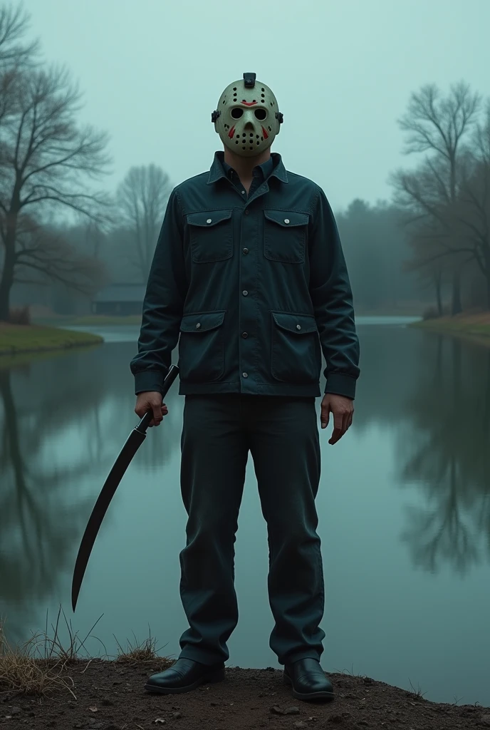 (( best quality)), ((masterpiece)), (( high definition)),(( high definition )),8k,Jason in a hockey mask standing on a quiet lakeside holding Nata,Horror