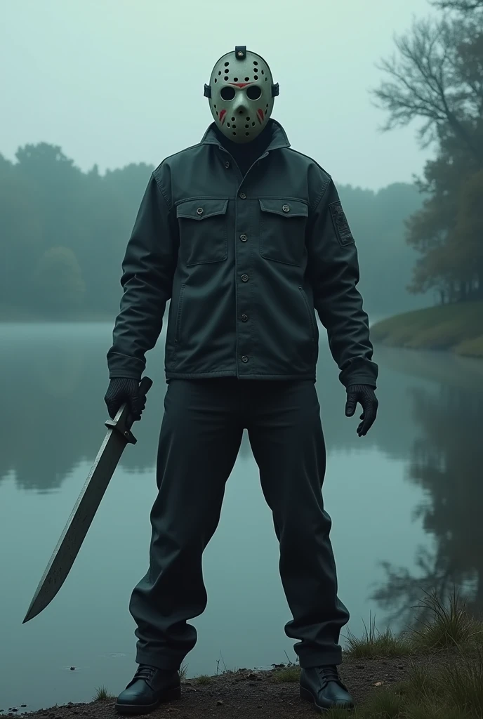 (( best quality)), ((masterpiece)), (( high definition)),(( high definition )),8k,Jason in a hockey mask standing on a quiet lakeside holding Nata,Horror