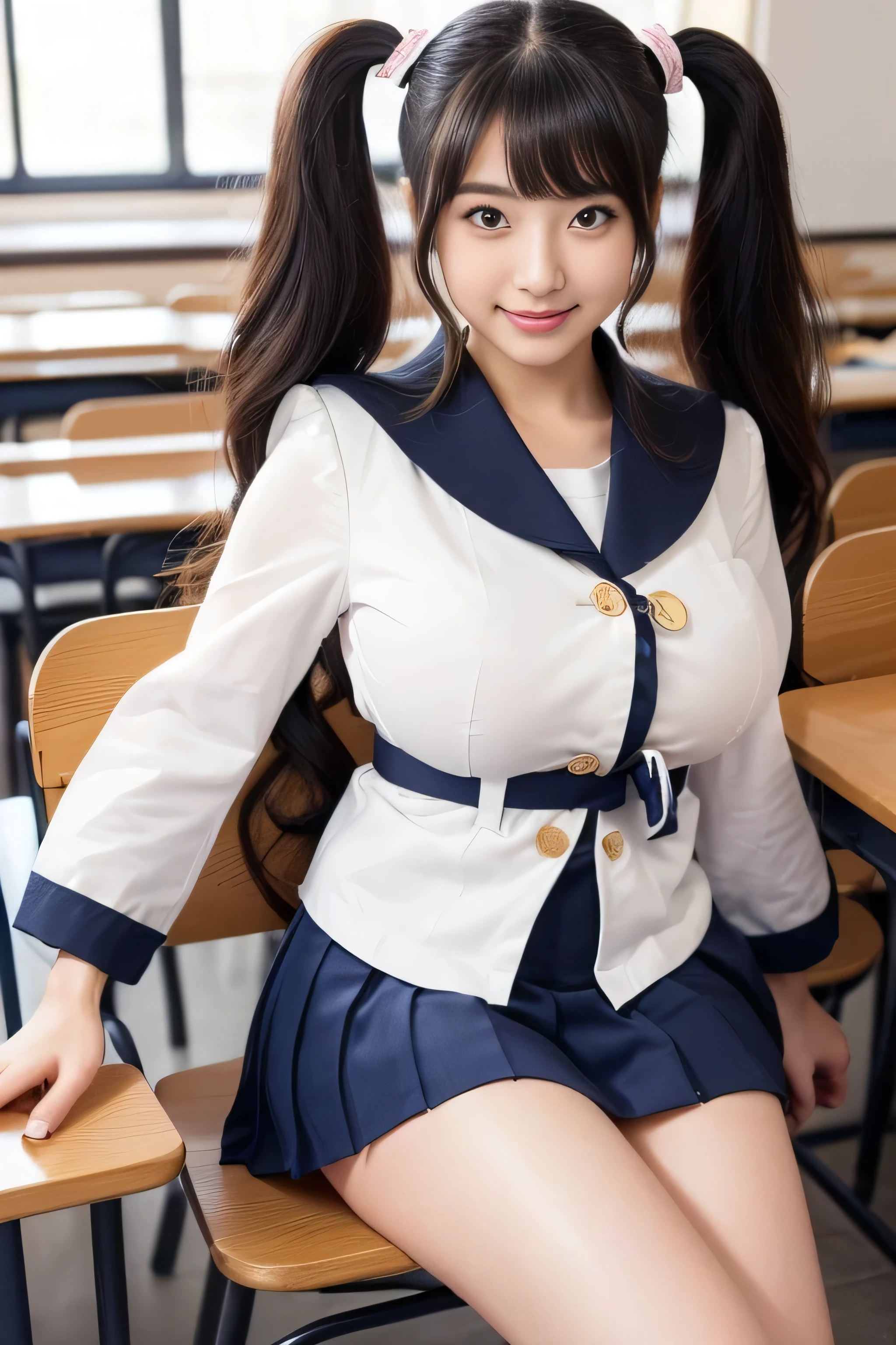 (Solo photo of a Japanese female  high schoolabove the knee shot )((  her hairstyle is up to the ankle growing 、 they have thick twin tails that are very wavy :1.2))　(wear Japanese School Uniform, Japanese girls uniform, Japanese , wear, wear , Seifuku, Girl in uniform, loose coat collar  sailor suit , Junior high school students,  sailor suit , Sexy  cute 顔 , Beautiful anime Junior high school stuHer  sailor jacket is white with short sleeves.!!!　 The skirt is a navy blue mini pleated skirt....　The ribbon on the chest is navy blue.....)　(( She's in the Classroom at School )) ((,  best quality)), ((,   Masterpiece ,)), (  family friendly), ( Get used to it ) ((   she looks at the camera with a very happy smile   )),((Big Breasts:1.5))　((     her bangs are neatly aligned and straight    :1.   4 And it covers the forehead perfectly.:1.4))　(( Flowing Hair Very Lengthy and thick Hair Abnormally Long Hair :1.3)) ((     her hair waves are very sharp     !!!!))(  Her hair is pitch black!!)( thick,    shiny hair、 extremely free hair  、Abnormally long hair ..:1.3))　( long hair up to the ankle !!!!     best qualityのディテールへのこだわり  long hair up to the ankle !!!!    long hair！！！！！It lasts forever!!!!   her skin is very high quality ultra HD   !!!It lasts forever!!!!Flowing hair on both ends!!!!    long hair！！！！！Up to the ankle!!!!    long hair！！！！！Up to the ankle!!!!  she has a sexy look at the camera  !!!    BEAUTIFUL SILKY HAIR      、 Beautiful   shiny hair,Beautiful   shiny hair, BEAUTIFUL SILKY HAIR   ,Up to the ankleの   long hair!!!!,  long hair!!!!!very    long hair !!!!) (  Her big breasts are perfect for a uniform      )　(  she has a sexy look at the camera )　(   Her eyes are beautiful Asian eyes    :1.4)) ((She is sitting on a chair in the classroom)) ( her lipstick is bright red :1.1) ( her hairstyle is up to the ankle growing  they have thick twin tails that are very wavy  ..................)　　( her skin is very fine  　   x} Her skin shines so beautiful   ) ((    Her eyes are beautiful Asian eyes    :1.4))  ((   Her eyebrows are very thin    :1.8)) ((Rich 1.4)) (    very detailed 8K    ) (super fine skin texture 1.4) (、    Vivid    :1.4)       sharp concentration    :1.2、    beautiful woman:1.   ( actual RAW photo taken by a professional photographer )