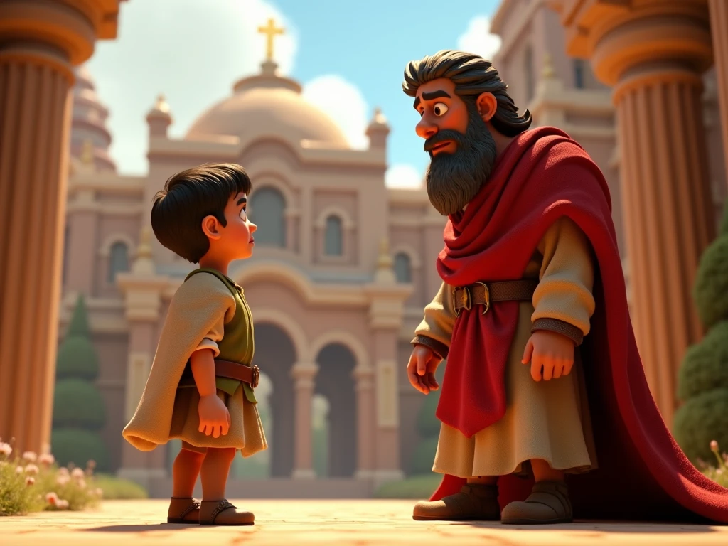 create a single image telling the story of the prodigal son from the bible, themed